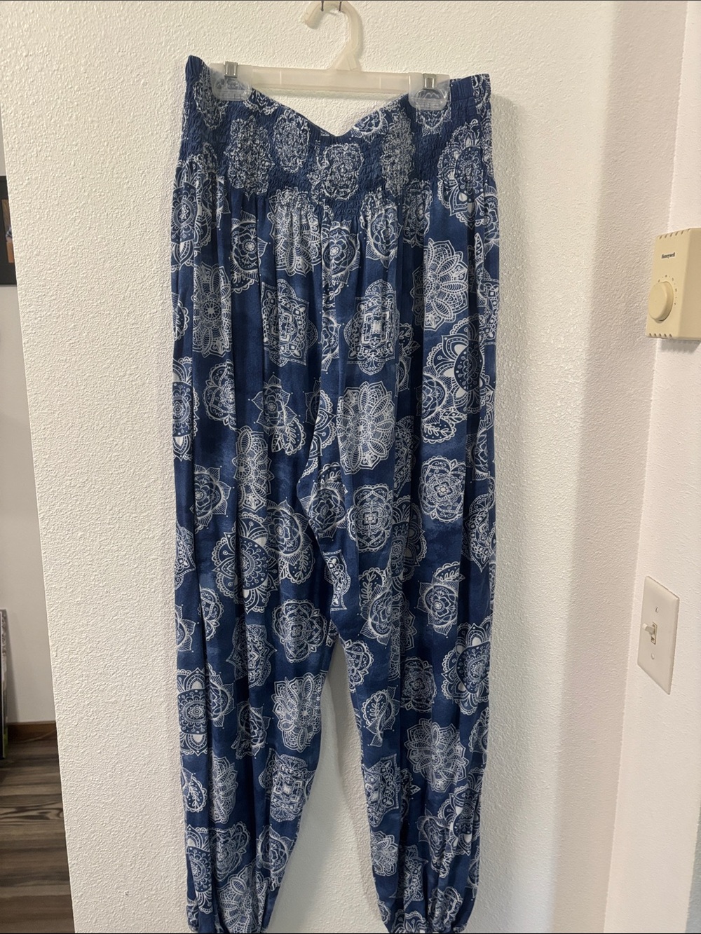 Blue Printed Smocked-Waist Harem Joggers